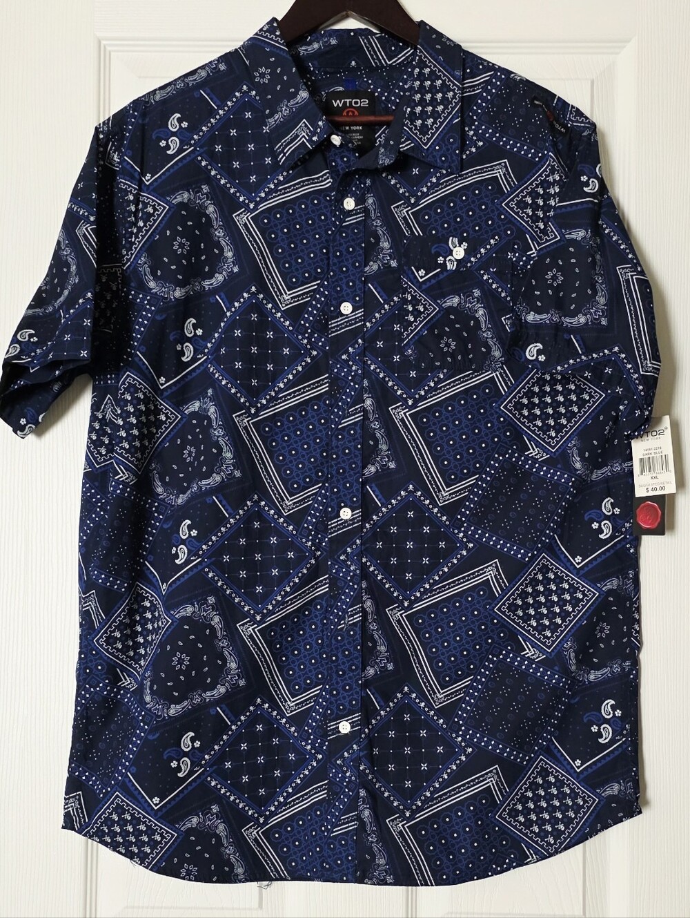WTO2 New York men's dark blue paisley and bandana print button-down